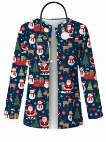 PopScrub Women's Casual Santa Claus, Reindeer & Snowman Cartoon Print Jacket, Suitable For Spring/Autumn /Nursing Scrub Outerwear - Multicolor - View 1