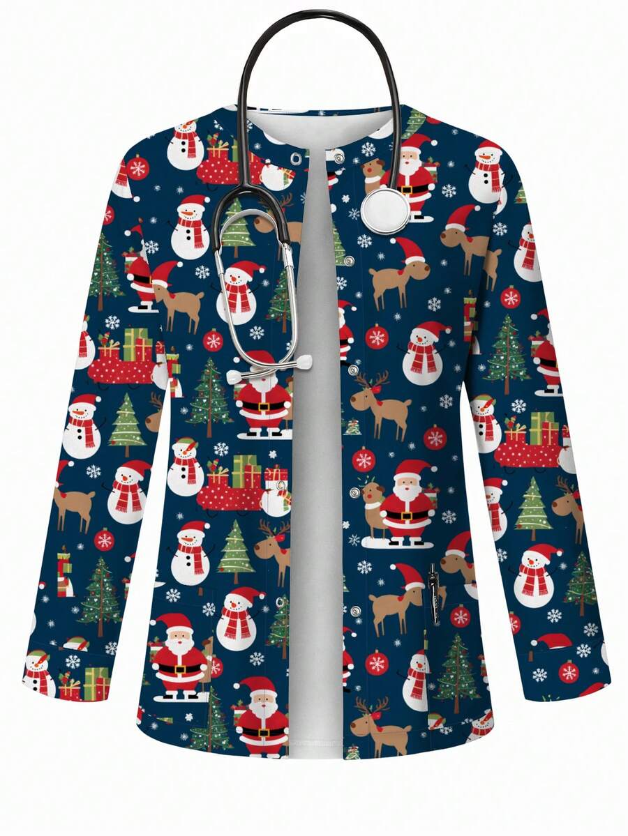 PopScrub Women's Casual Santa Claus, Reindeer & Snowman Cartoon Print Jacket, Suitable For Spring/Autumn /Nursing Scrub Outerwear - Multicolor - View 1