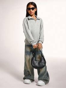 Radiana Tween Girl Casual Basic Half-Zip High Neck Heather Gray Sweatshirt,In Fall/Winter - Grey - View 7