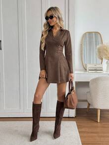 Easowa Váy chữ A có cổ, chất liệu vải da lộn, kiểu dáng công sở thanh lịch, thoải mái, giản dị - màu nâu - Xem 6