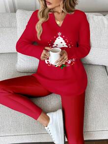 SHEIN LUNE 2 Stücke/Set Damen Lässig Minimalistisch Roter Weihnachtsbaum Muster Langarm T-Shirt und Leggings, geeignet für Weihnachten, Party, Weihnachtsrentier, Weihnachtsfeier, Familienfeier, Passende Familie, Paare, Schwestern - Verschiedenfarbig - Übersicht 5