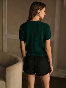 MOTF PREMIUM RHINESTONE DECOR SHORT SLEEVE KNIT TOP - Dark Green - View 2