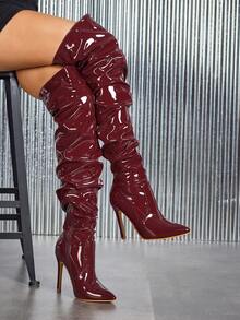 CUCCOO SZL Women's Stiletto High Heel PU Boots, Sexy Party Dance Boots, Wide Leg Boots, Pleated Boots, Thigh High Boots, Autumn/Winter For Christmas - Coffee Brown - View 5