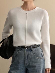 Dazy-Less Thermal Lined Loose Business Casual Long Sleeve T-Shirt For Women, Color Block, Suitable For Autumn & Winter Office Wear - White - View 2