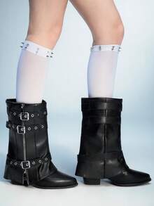 Sugerpunk 1 双女式朋克风格粗跟中筒靴，尖头带扣，时尚秋冬 - 黑色 - 查看 6