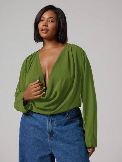 MUSERA Blusa corta de gasa con cuello de capucha y escote profundo de manga larga para salir, otoño e invierno, tallas grandes