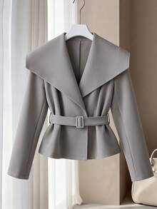 SHEIN Franclia 女士优雅简约通勤时尚翻领可调节腰带短袖西装外套，秋冬 - 淺灰色 - 查看 4