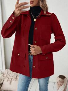 SHEIN PariChic 女式纯色长袖休闲衬衫式多口袋夹克，秋季 - 酒紅色 - 查看 5