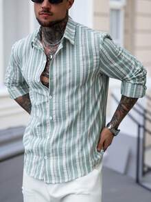 Manfinity CasualCool Áo sơ mi nam tay dài họa tiết sọc màu đơn giản, mặc đi làm hàng ngày, mùa xuân/thu - Nhiều màu - Xem 1