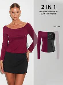 Nuvra Women's Regular Burgundy Camisole Long Sleeve T-Shirt - Burgundy - View 1