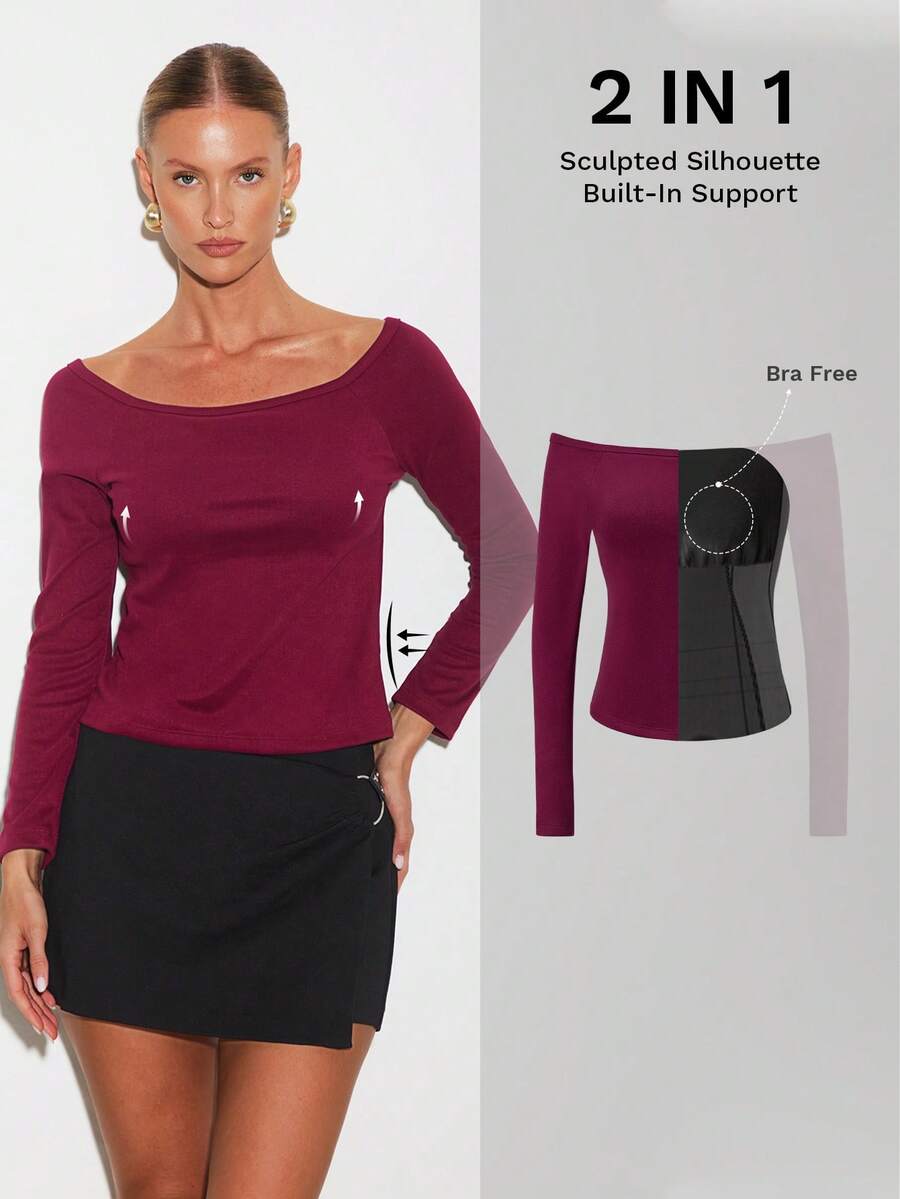 Nuvra Women's Regular Burgundy Camisole Long Sleeve T-Shirt - Burgundy - View 1