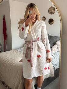 DAZY Apple Pattern Loose Long Sleeve Knitted Robe Loungewear Jacket, Autumn/Winter - White - View 1