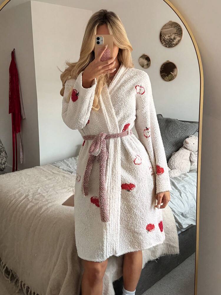 Apple Pattern Loose Long Sleeve Knitted Robe Loungewear Jacket, Autumn/Winter