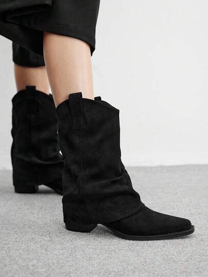 CUCCOO BIZCHIC Black Mid-Calf Boots | Matte Premium Leather-Look | Chunky Heel For Comfort | Minimalist Workwear Style | 2 Pairs, Luxury Synthetic