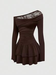 Sweetra Fall Autumn And Winter Plus Size Lace Patchwork Layered Hem Short Dress - Brown - View 1