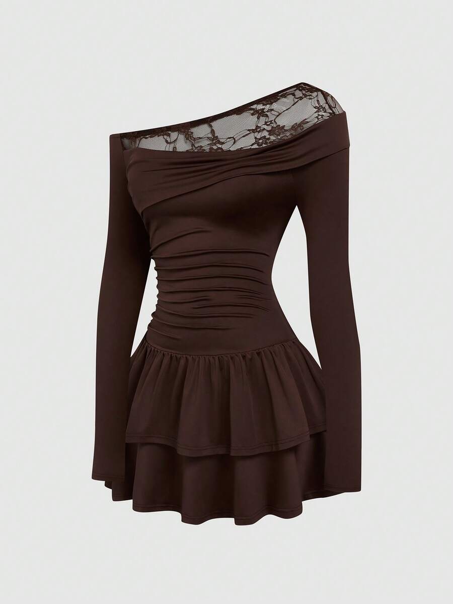 Sweetra Fall Autumn And Winter Plus Size Lace Patchwork Layered Hem Short Dress - Brown - View 1