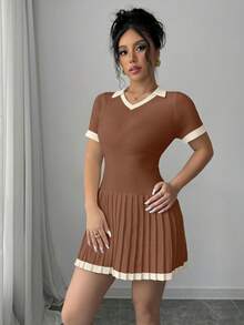 Elenzga Contrast Color V-Neck Casual Pleated Sweater Dress - Camel - View 3