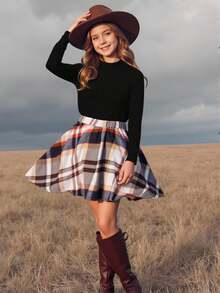 Emery Rose Kids Emery Rose Kids Tween Girl Solid Color Knit Polo Neck Casual T-Shirt & Woven Plaid Casua2 Piecesce Set - Black - View 1