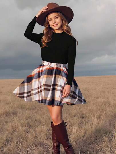 Emery Rose Kids Emery Rose Kids Tween Girl Enfärgad Stickad Polokrage Casual T-shirt & Vävd Rutig Casua2-delat Set