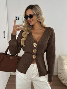 Easowa New Autumn Casual Dropped Shoulder Cinched Waist Elegant Cardigan For Women Button Up Cardigan Brown Sweater Coffee Brown Top Brown Cardigan Chocolate Brown Top,Fall,Fall Clothes For Women,Winter Clothes For Women - Coffee Brown - View 4