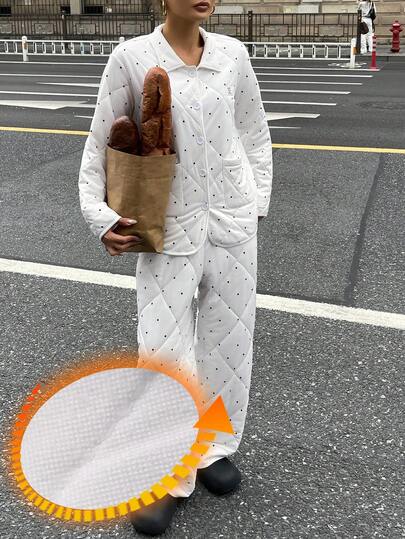 DAZY Women's Cute Polka Dot Quilted Thick Pajama Set, Winter