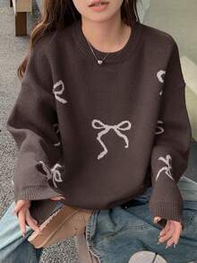 DAZY Sweater Pullover Kasual Wanita Model Longgar dengan Kerah Bulat dan Hiasan Pita - Coffee Brown - View 5