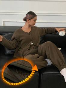 DAZY Women's Simple Plush Fluffy Cozy Pajama Set, Winter - Green - View 3