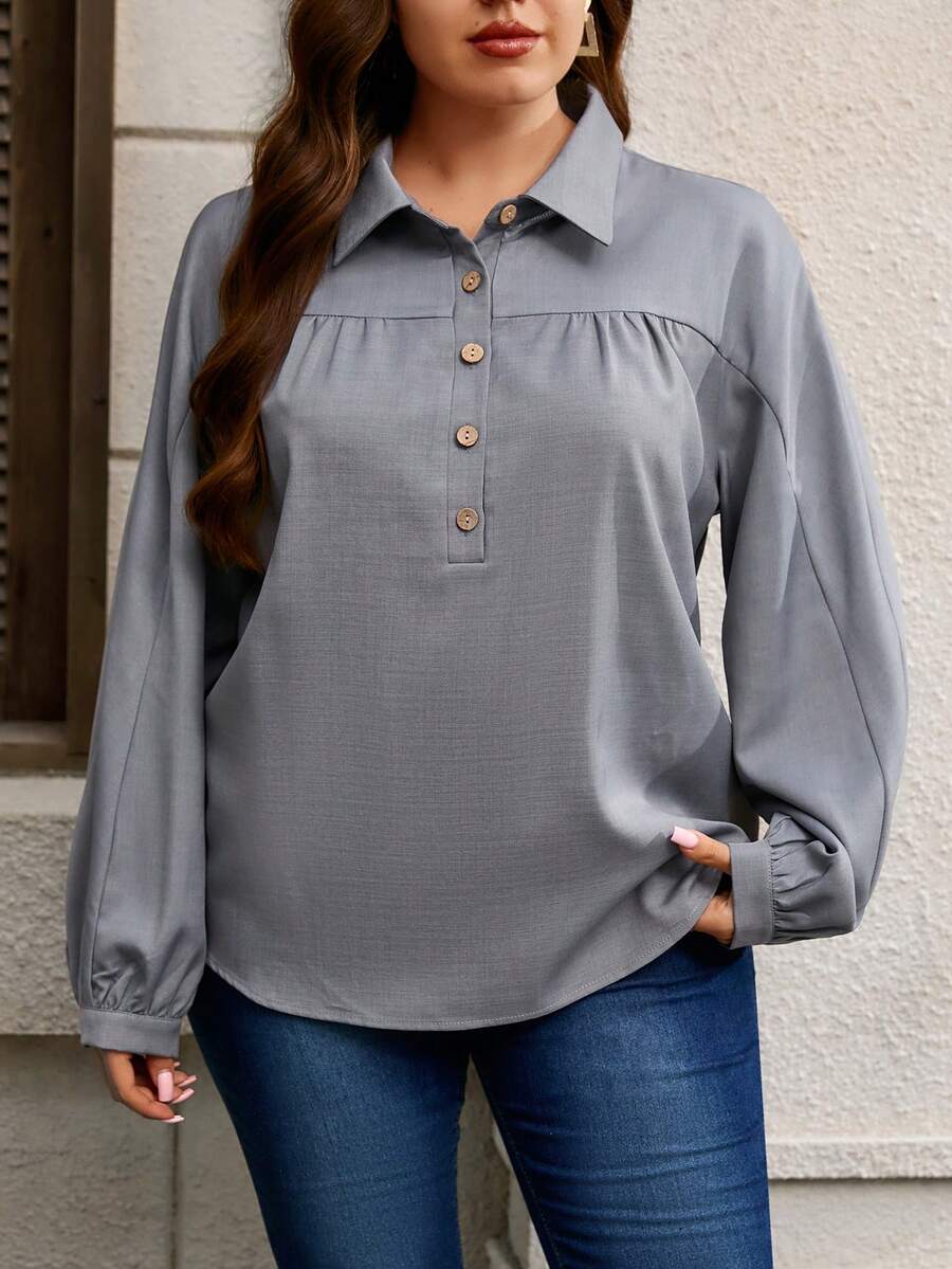 EMERY ROSE Plus Size Women Casual Long Sleeve Turndown Collar Regular Blouse, Suitable For Leisure, Outdoor, Commuting - Grey - View 1