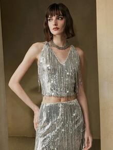 Revavyn 女式无袖亮片露背系带短款流苏设计上衣，适合约会穿着，优雅大方 - 銀色 - 查看 1