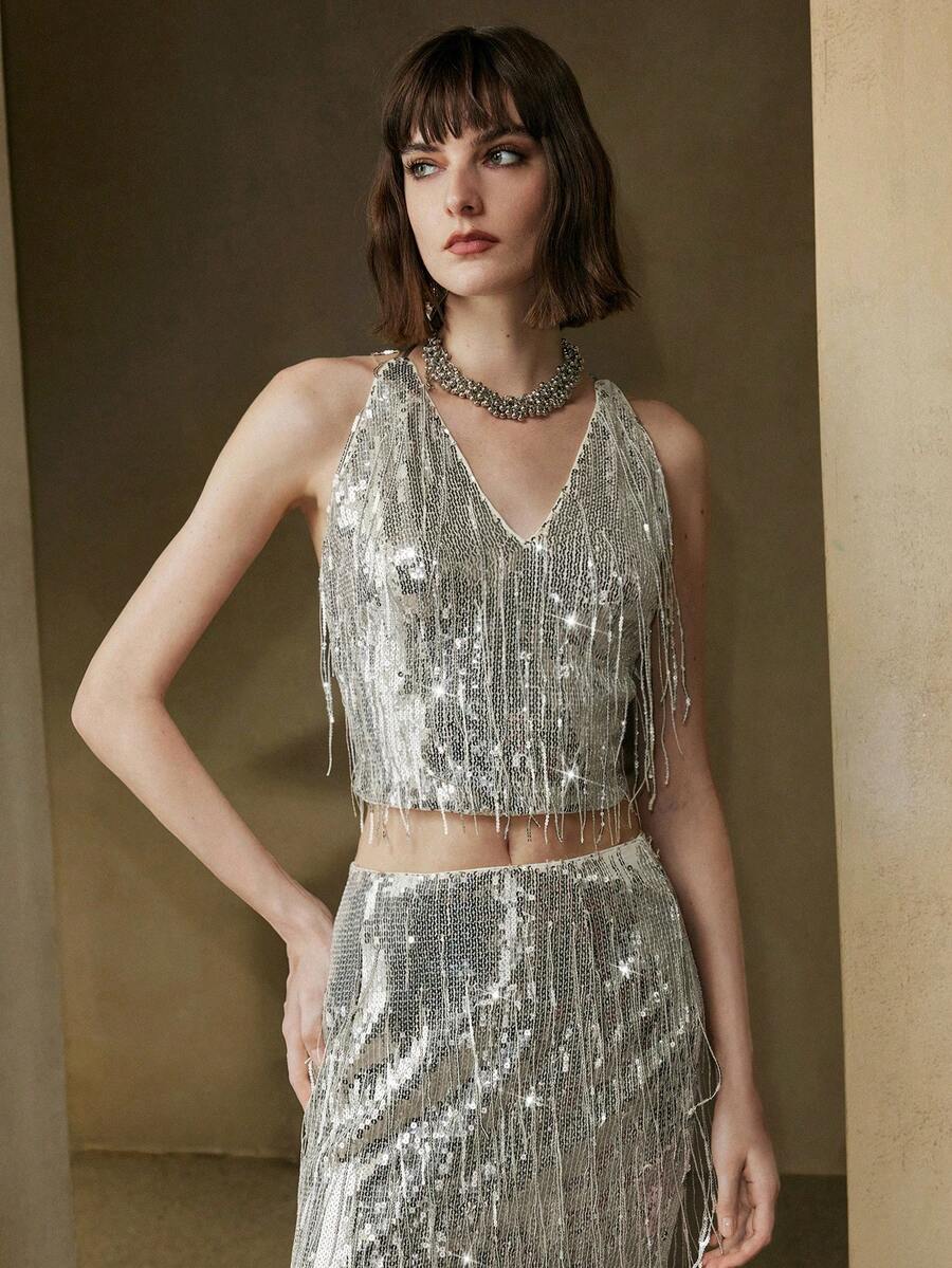 Revavyn 女式无袖亮片露背系带短款流苏设计上衣，适合约会穿着，优雅大方 - 銀色 - 查看 1