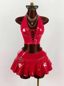 Amplova 2 件套亮面彩色 PU 系带吊带上衣和百褶迷你裙套装，时尚 Y2k 2 件套红色裙子套装