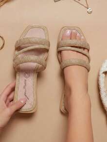 Sandalia mujer con pedrería, punta cuadrada, doble tira, estilo elegante, para fiesta y casual, sandalia de moda. - Rosa vieja - Ver 1