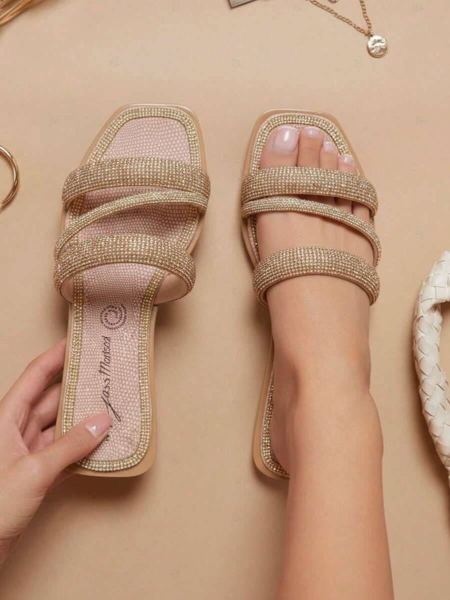Sandalia mujer con pedrería, punta cuadrada, doble tira, estilo elegante, para fiesta y casual, sandalia de moda. - Rosa vieja - Ver 1