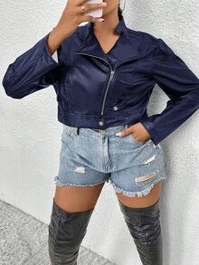 SHEIN ICON Plus Size Women's Motorcycle Zip-Up Short Leather Jacket - Navy Blue - View 6