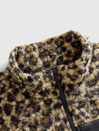 Street Life Men's Casual Fashionable Street Punk Leopard Print Patchwork Pocket Zipper Front Jacket, Autumn/Winter