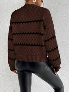 SHEIN LUNE Striped Pattern Contrast Color Crew Neck Casual Long Sleeve Pullover Sweater - Coffee Brown - View 2