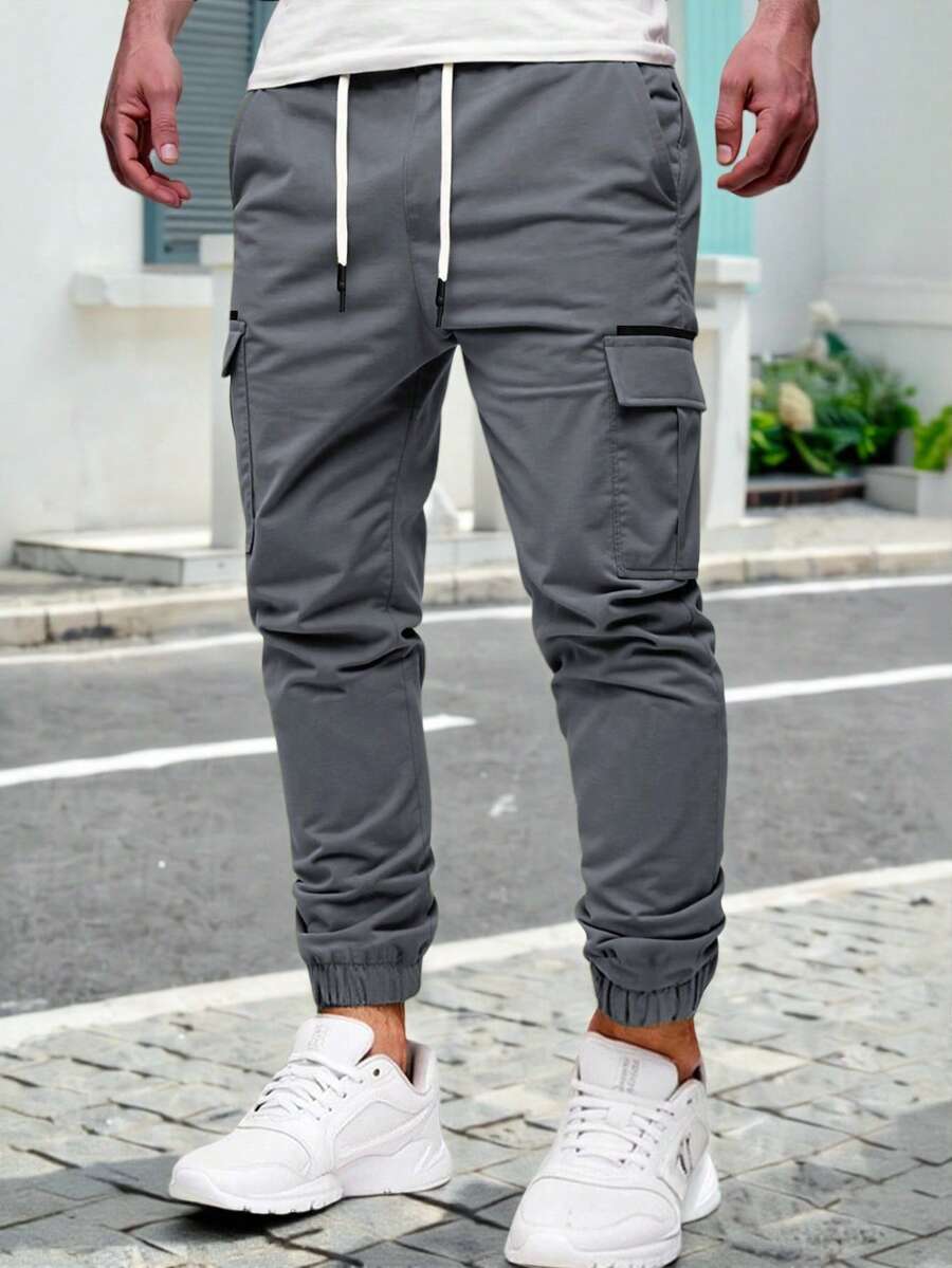Manfinity Homme 男士成熟街头风弹力腰带抽绳工装裤 灰色工装裤 男士休闲工装慢跑裤 男士休闲裤 男士工装裤 - 深灰色 - 查看 1