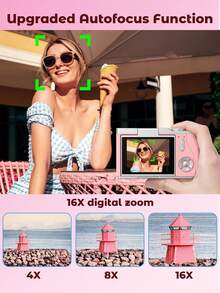 Teckwe Máy ảnh kỹ thuật số 4K, Máy ảnh CCD, Máy quay vlog cho Vieo, Tự động lấy nét, Nhận diện khuôn mặt 48MP, Màn hình lật, Zoom kỹ thuật số 16X, Máy ảnh ngắm và chụp, Quà tặng cho người mới bắt đầu, Du lịch, Gia đình Giáng sinh Halloween - Hồng - Xem 3
