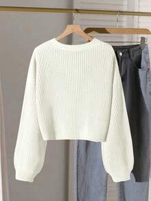纯色休闲宽松套头衫女圆领秋冬新款百搭针织上衣短款 - 白色 - 查看 2