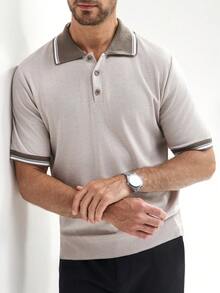 Calvornis Maglione casual a maniche corte da uomo, in maglia, con blocchi di colore e patchwork - Beige - Visualizzare 6