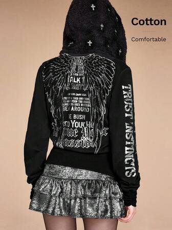 Grunge Punk sweat-shirt à capuche zippé ajusté avec broderie d'ailes, style Kpop Harajuku Subculture Y2K pour femmes