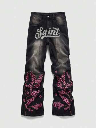 Street Life Jeans casuales con pliegues, bordados con letras y flores en el bolsillo para hombres