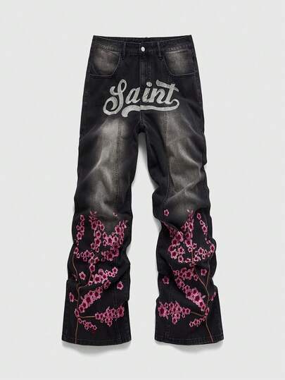 Street Life Jeans casual plissés avec poche brodée de lettres et de fleurs pour hommes
