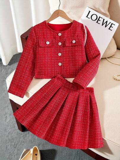 Tween Girls Solid Color Round Neck Long Sleeve Jacket Top And A-Line Pleated Skirt 2-Piece Set. The Short Jacket Top Features A Simple And Elegant Round Neck Design, With A Single Row Of Solid Color Buttons For A Refined Look. The Bottom Is A Pleated Skirt Made Of The Same Fabric As The Top, Creating A Fashionable And High-End Ensemble Christmas Outfits