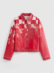 ROMWE MEN Street Life 男士秋季格子长袖拉链休闲牛仔夹克 - 紅色 - 查看 1