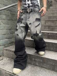 Manfinity EMRG Men's Loose Ripped Pocket Wide-Leg Casual Denim Jeans, Frayed Jeans Plain Long Baggy Black Cargo Jeans, For Husband, Boyfriend Gifts Going Out Hang Out Commute Street Vacation, Emo Style - Black - View 8