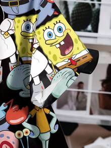 SpongeBob SquarePants | SHEIN Women's Casual Cute Cartoon Pattern Round Neck Short Sleeve T-Shirt, Summer - White - View 3