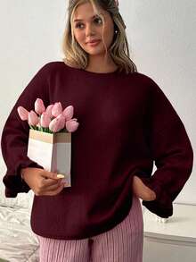 EURMUSE Oversized Soft-Touch Knit Sweater With Ruffled Cuff Sleeves And Crew Neck In Vibrant Pinky - Burgundy - View 6