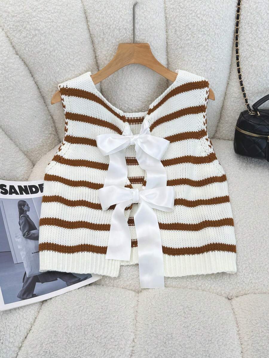 Elamini Women's Autumn/Winter Casual Knitted Vest With Bow Decor And Striped Pattern - Multicolor - View 1