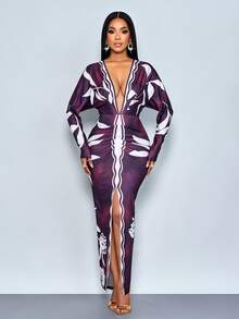 SOLERSUN Vestido largo elegante de mujer con estampado floral de cintura alta, manga larga, escote en V profundo y elegante para otoño - Morado - Ver 1